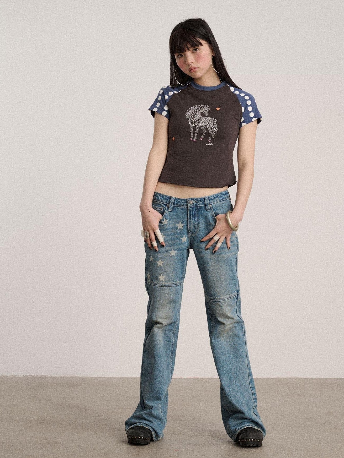 Achihara Polka Dot Contrast Panel Rhinestone Women'S Cotton Blend Short Sleeve T-Shirts