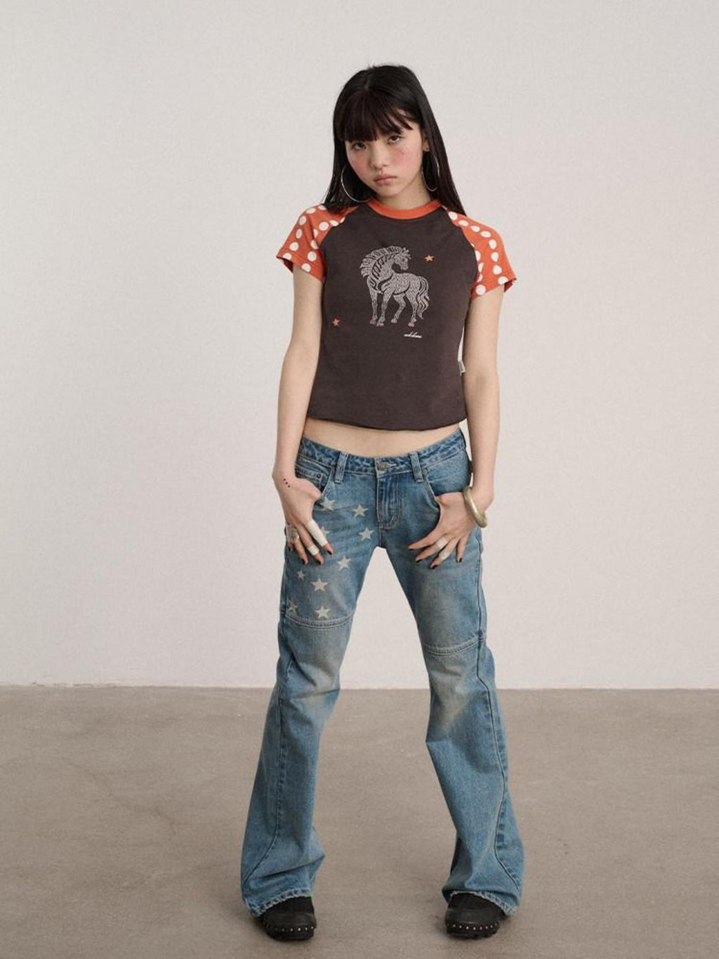 Achihara Polka Dot Contrast Panel Rhinestone Women'S Cotton Blend Short Sleeve T-Shirts