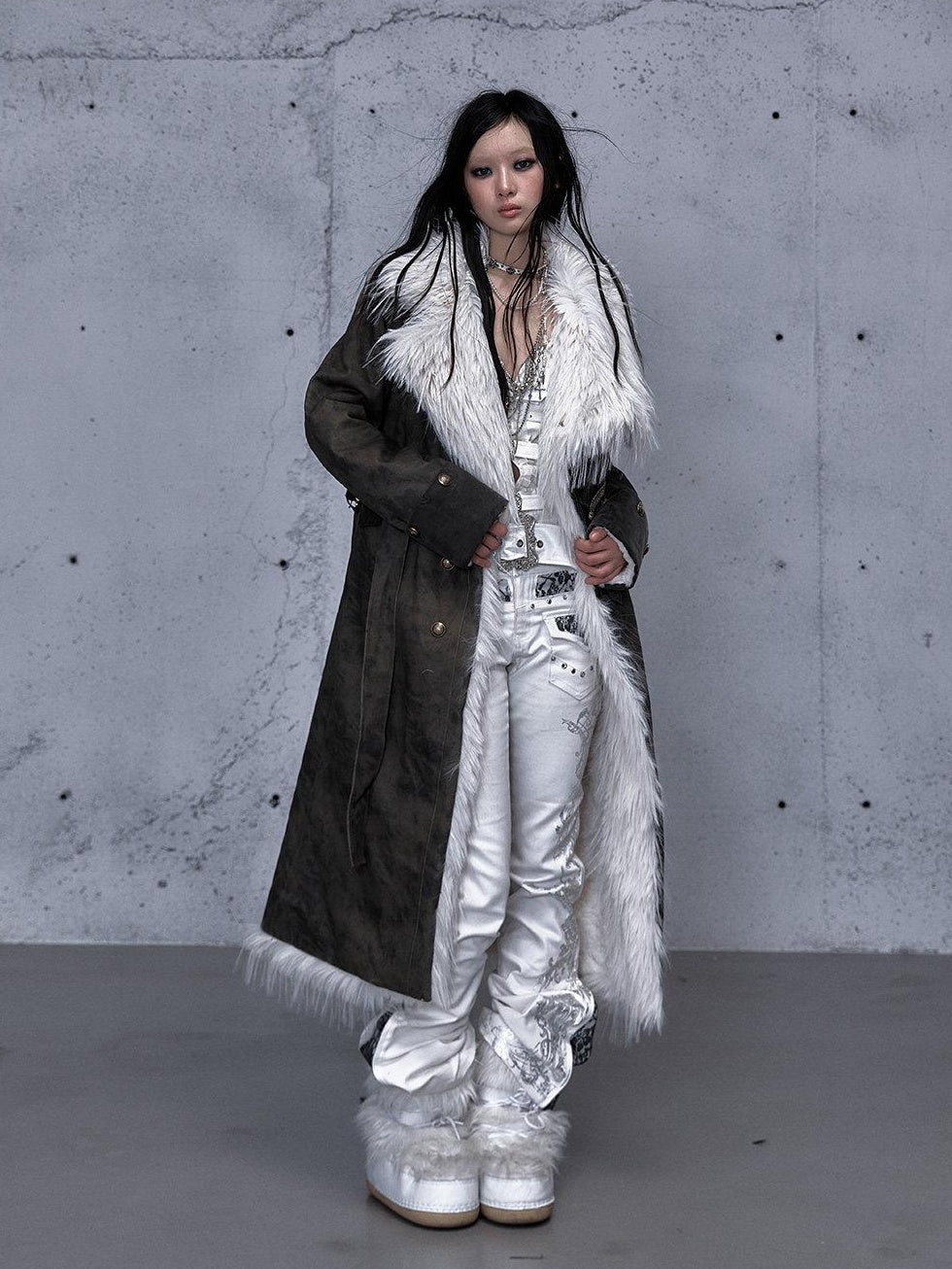 NO ROMANCE Reversible Fur Trim Regal Court Loose Fit Women Black Mint Green Long Coats