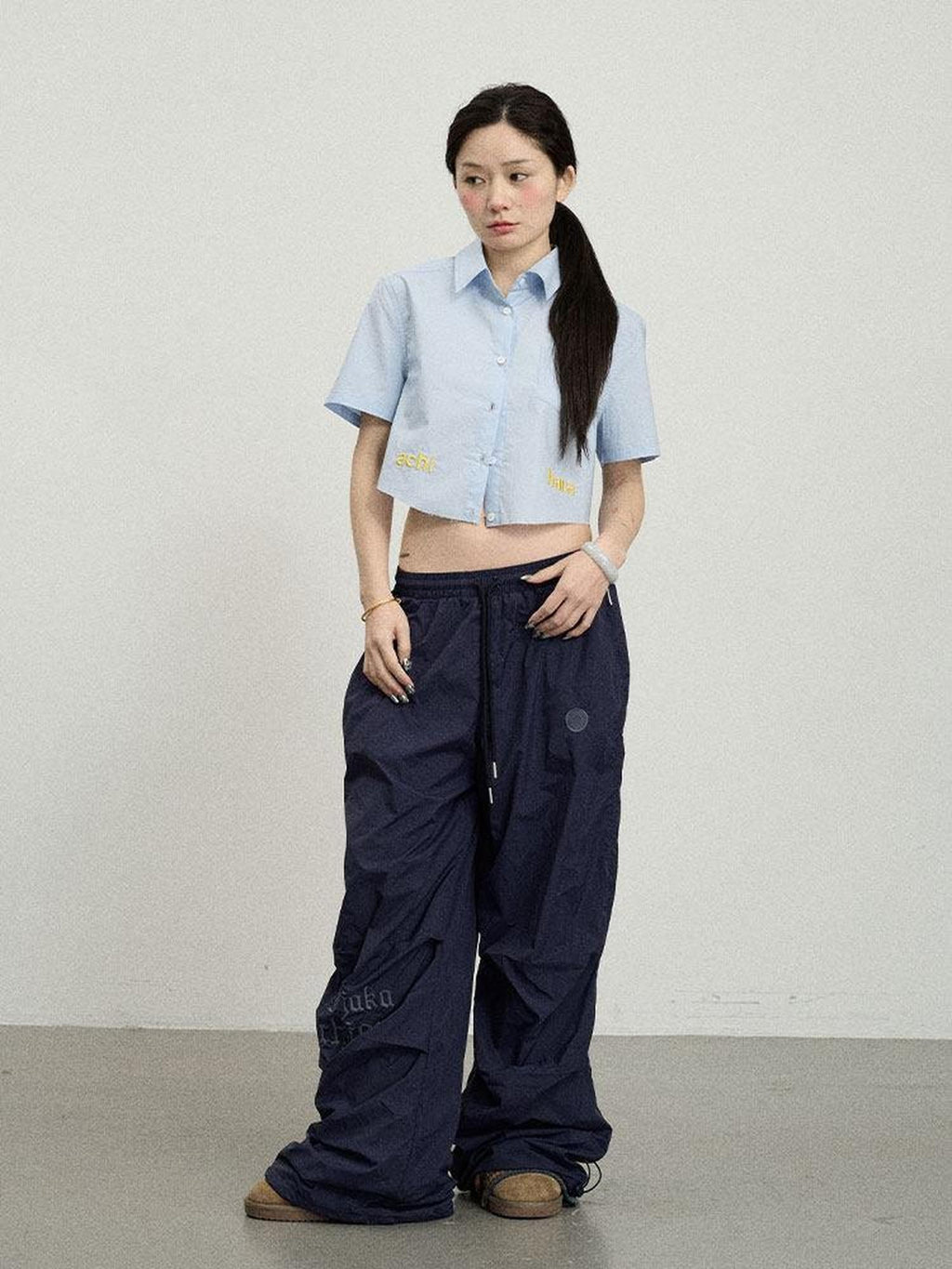 Achihara Soda Blue Office Collared Short Sleeve Women'S 100 Percent Cotton Crop Tops
