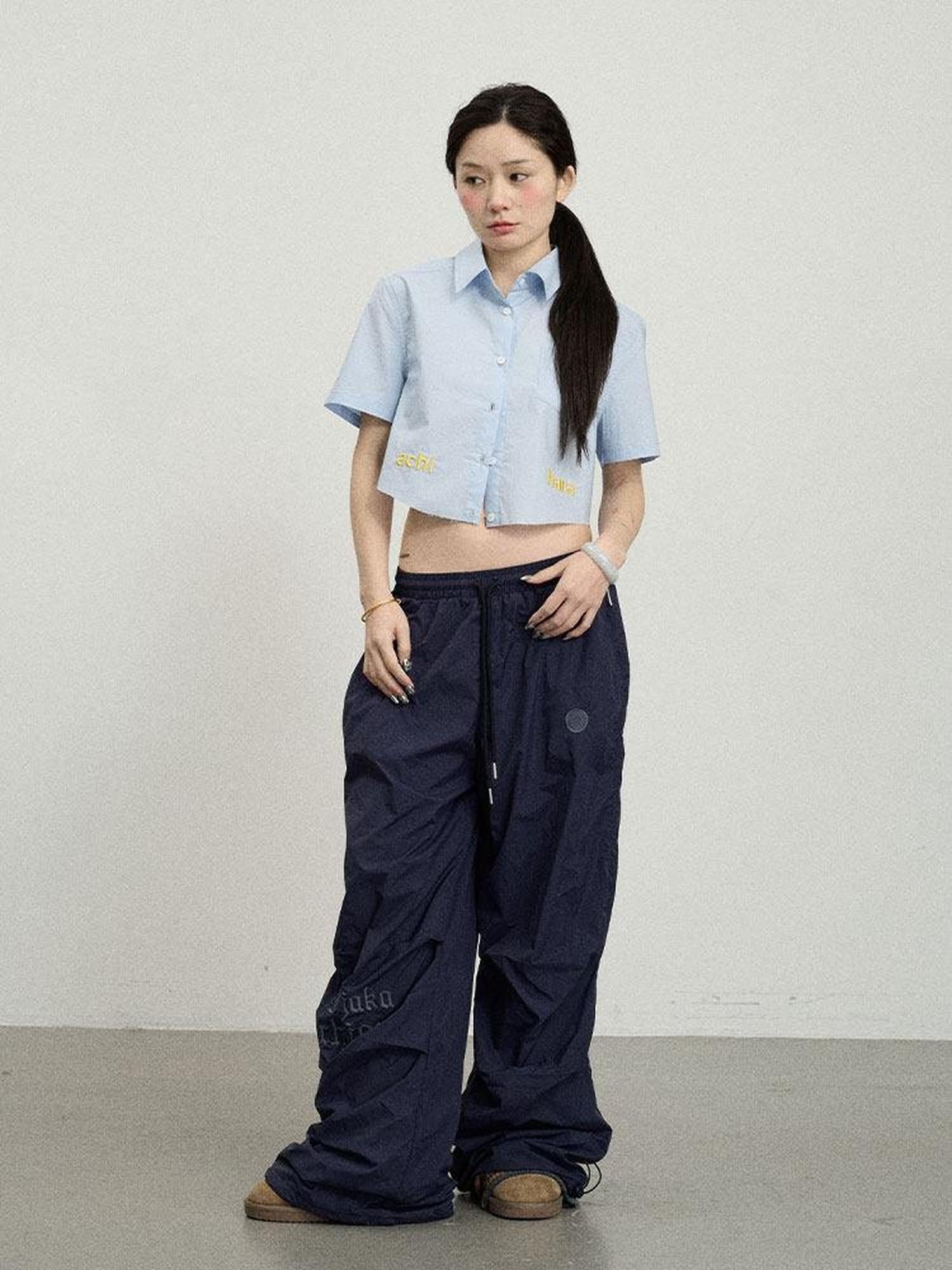 Achihara Soda Blue Office Collared Short Sleeve Women'S 100 Percent Cotton Crop Tops