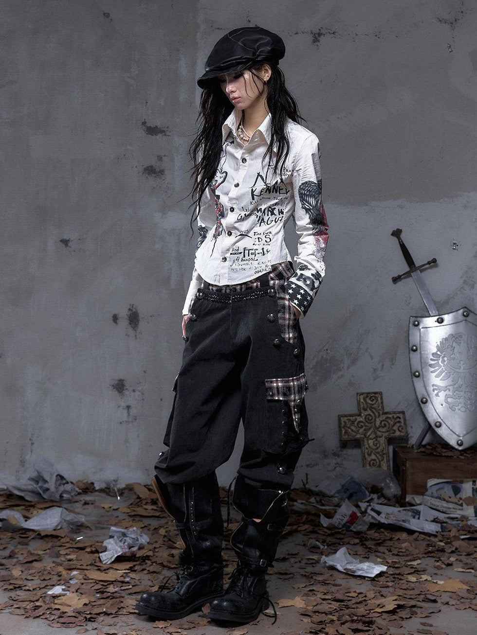 NO ROMANCE Pure Cotton Punk Patchwork Loose Fit Natural Waist Button Fly Women Pants Chinos