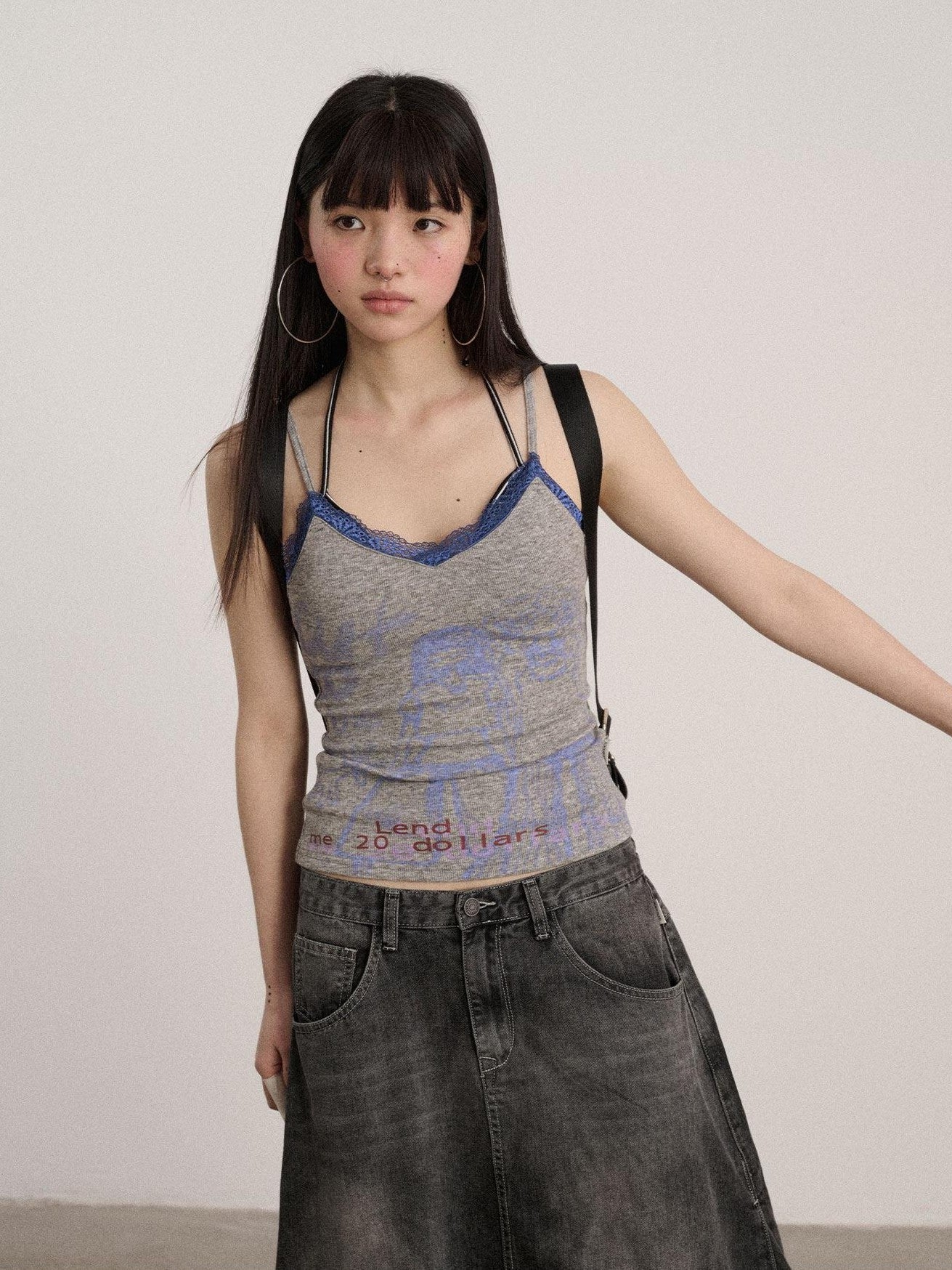 Achihara Letter Print Strappy V-neck Slim Fit Women'S Polyester Lace Camisoles