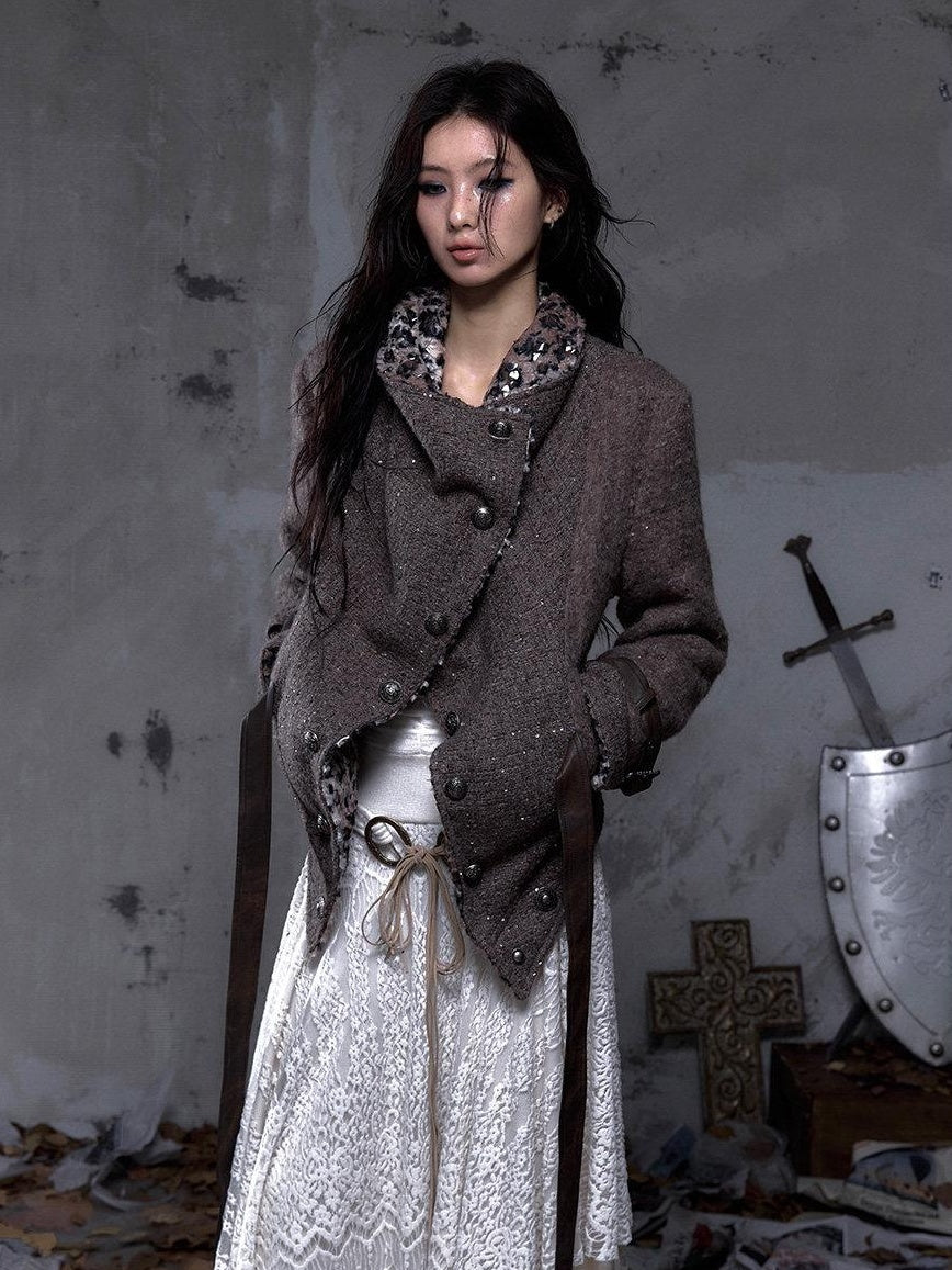 NO ROMANCE Reversible Leopard Print Loose Fit Lapel Long Sleeve Womens Tweed Jackets