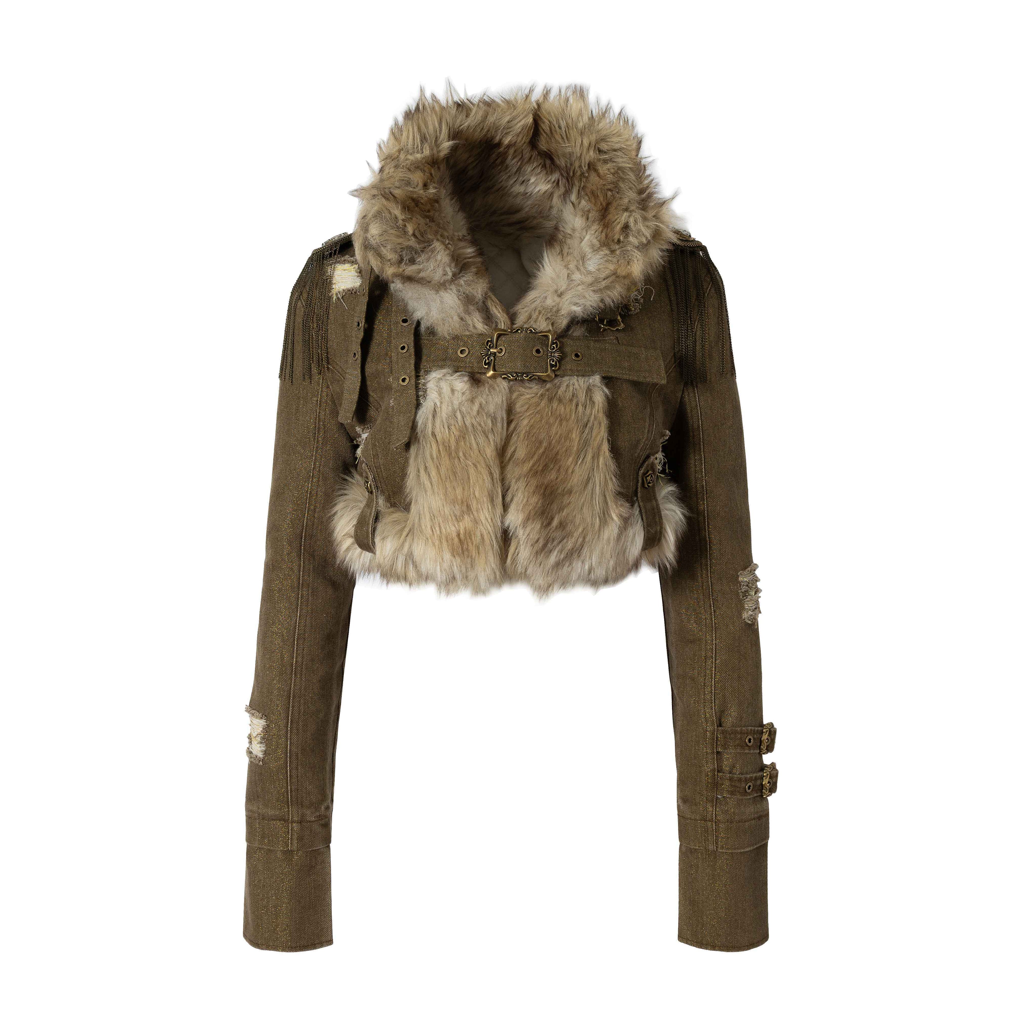 NO_ROMANCE_Distressed_Vintage_Slim_Fit_Cropped_Long_Sleeve_Women_Gold_Khaki_Casual_Jackets_MISSTT