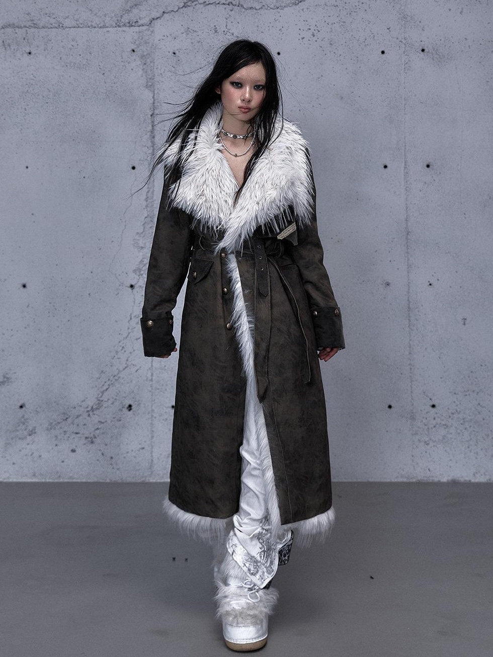 NO ROMANCE Reversible Fur Trim Regal Court Loose Fit Women Black Mint Green Long Coats
