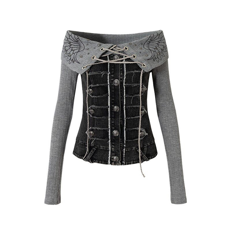 NO_ROMANCE_Vintage_Patchwork_Rhinestone_Knit_Women_Washed_Gray_Long_Sleeve_T-Shirts_MISSTT
