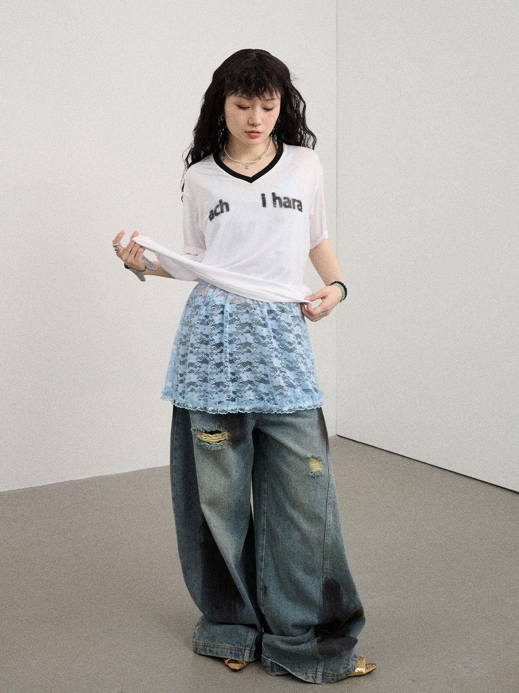 Achihara Ice Block V-neck Loose Letter Print Women'S Lyocell Short Sleeve T-Shirts