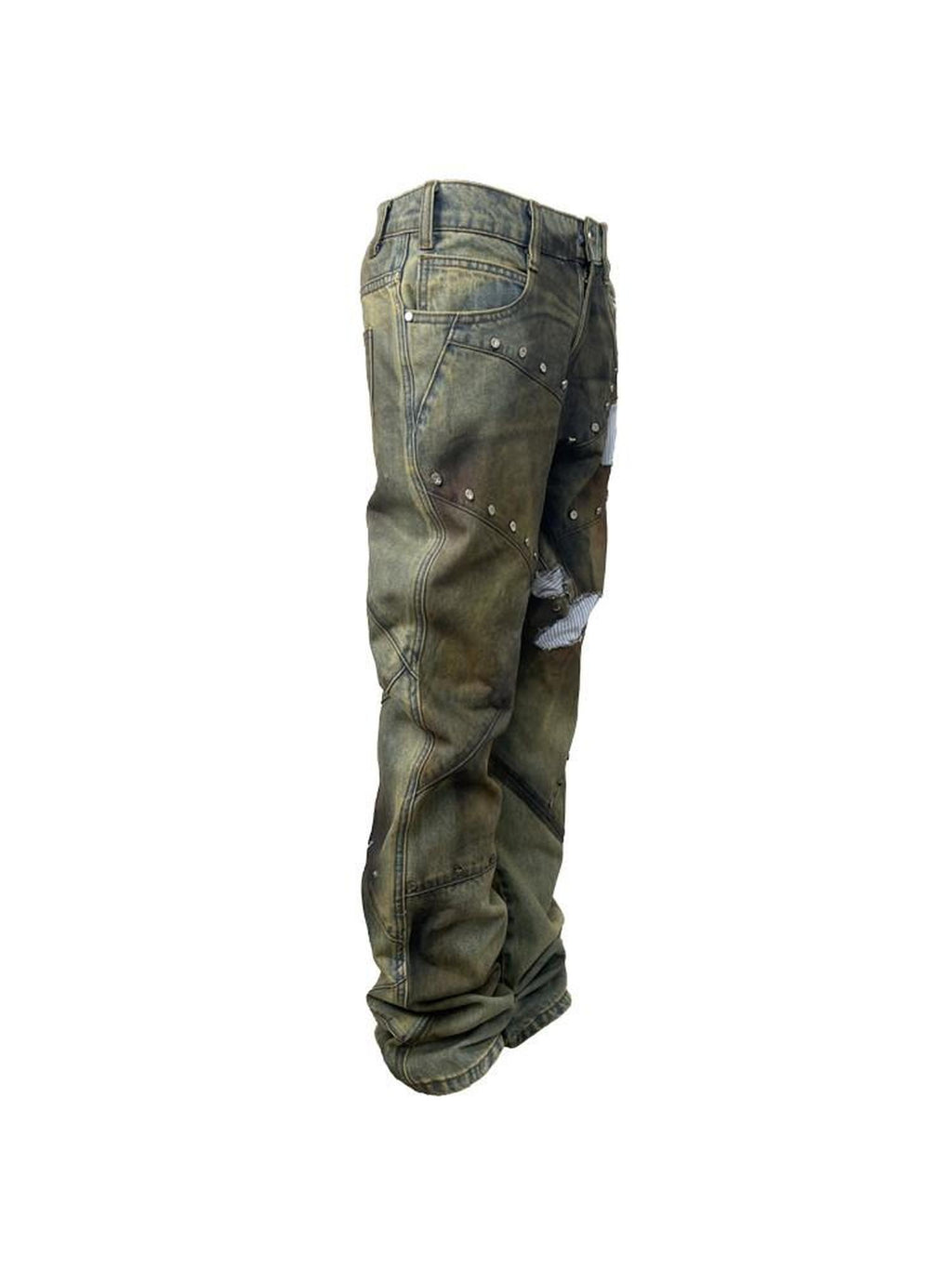 Night Lab Ripped Patchwork Enzyme Wash Low Rise Loose Cotton Straight Jeans