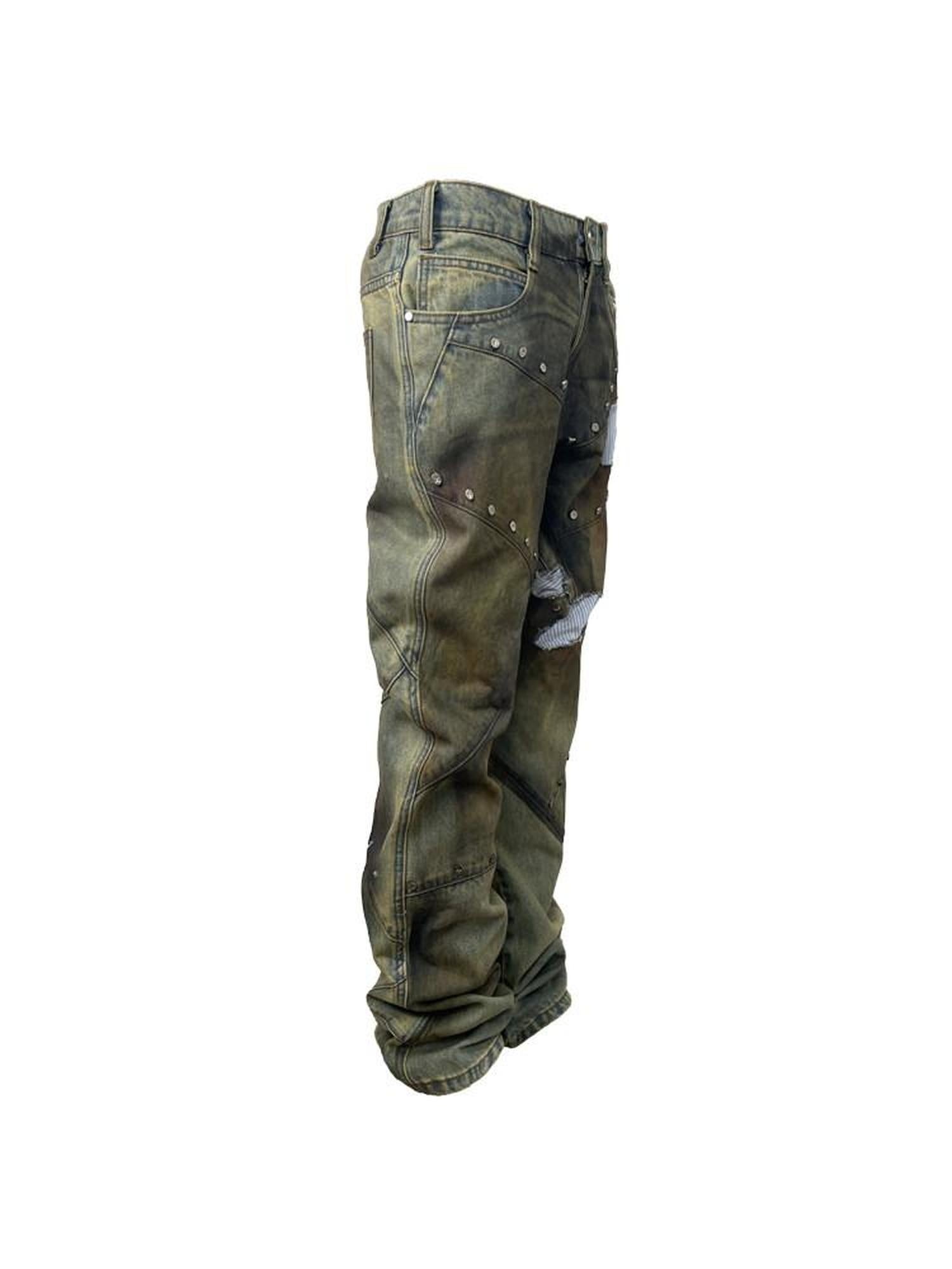 Night Lab Ripped Patchwork Enzyme Wash Low Rise Loose Cotton Straight Jeans