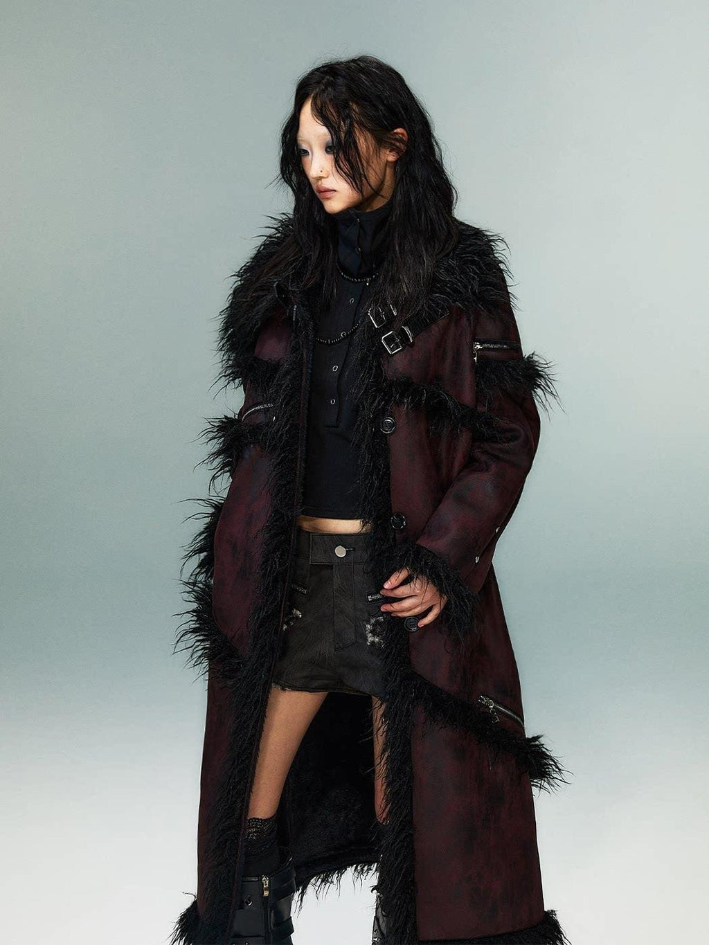 Frustration Garden Thick Oversized Asymmetric Raglan Sleeves Punk Street Women Black Red Long Coats