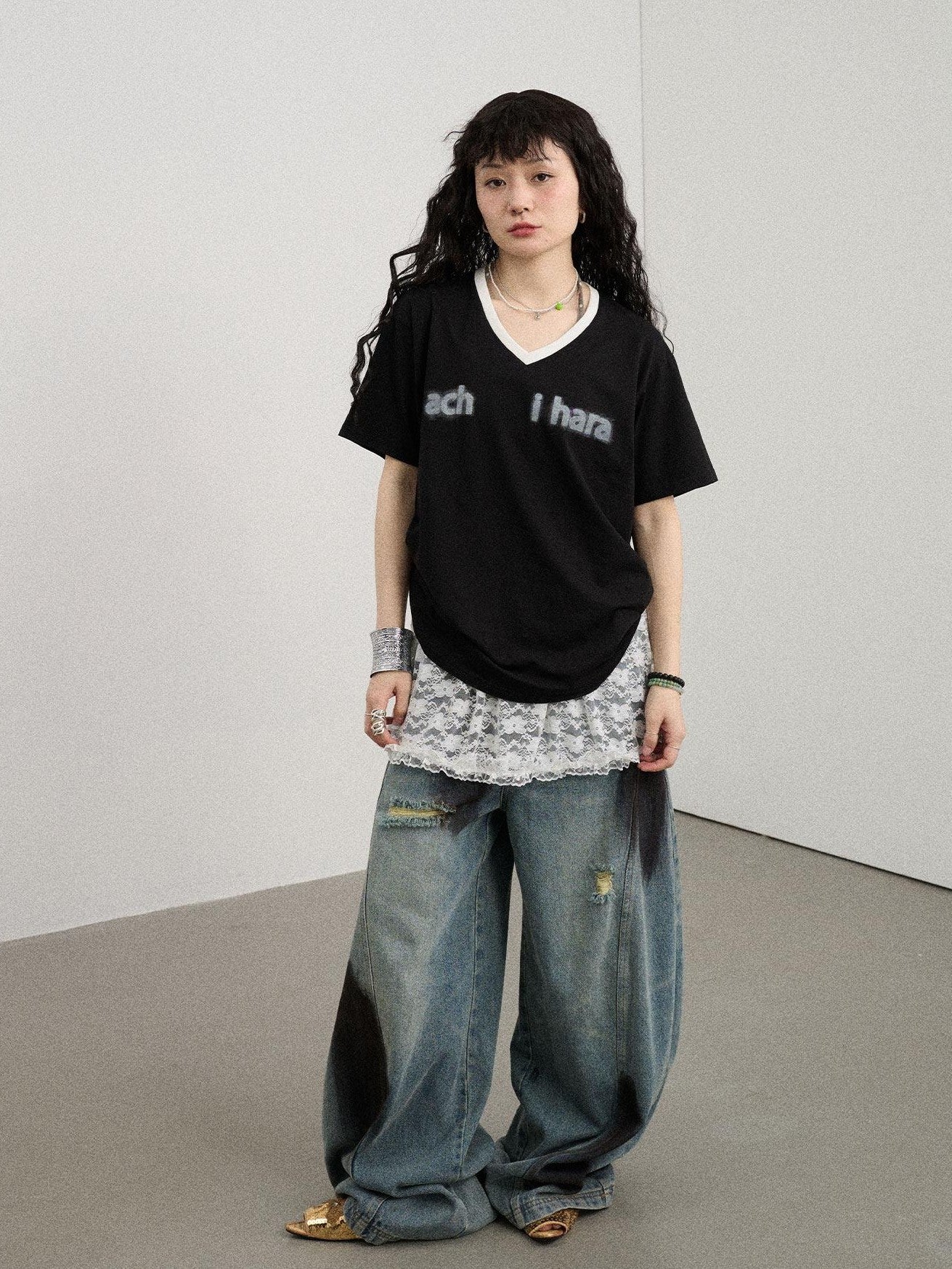 Achihara Ice Block V-neck Loose Letter Print Women'S Lyocell Short Sleeve T-Shirts