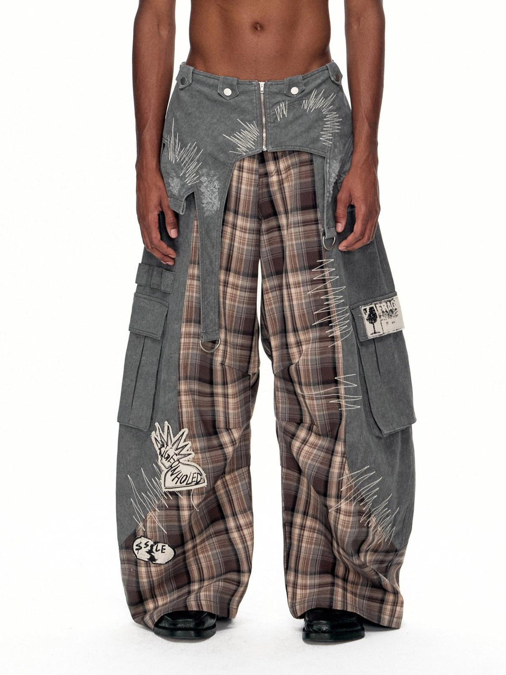 EMOBROTHER Wrinkle Free Embroidered Cargo Mid Rise Cotton Gray Casual Wide-Leg Pants