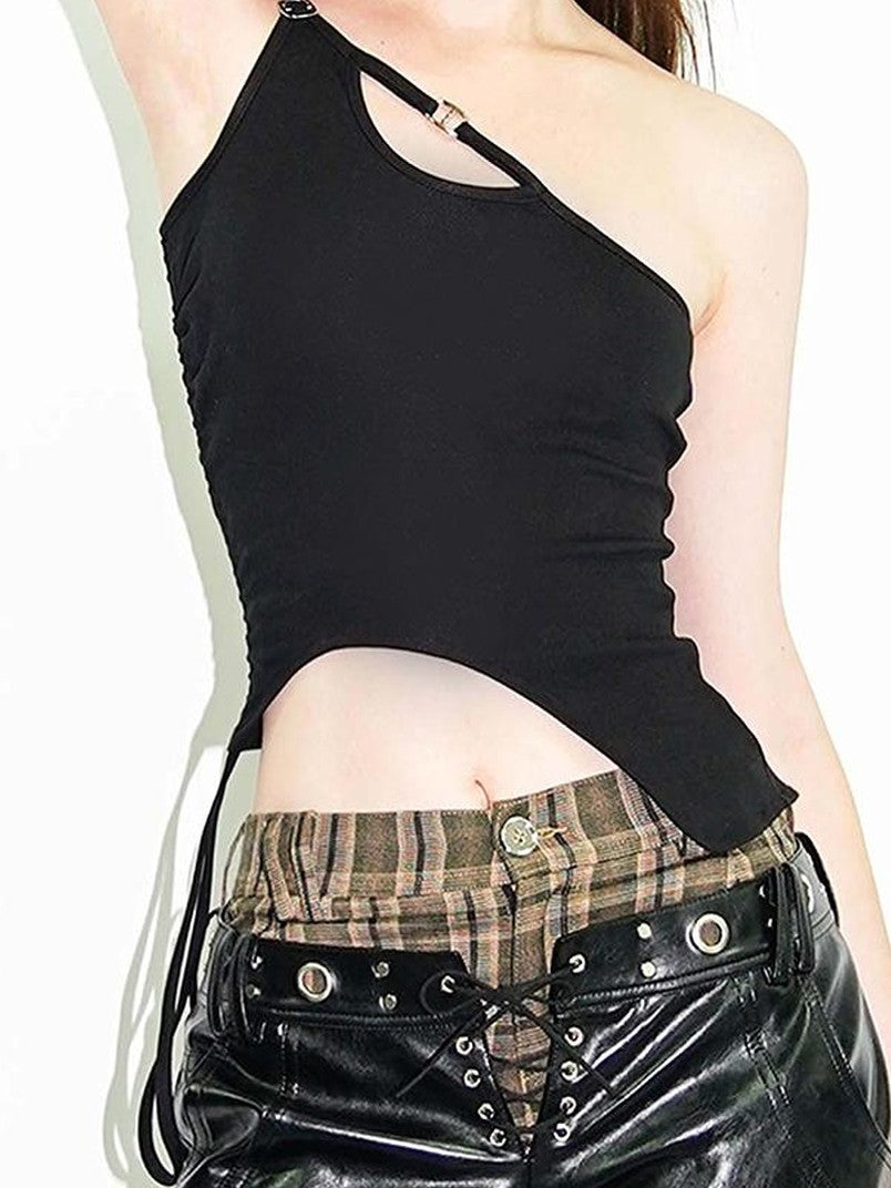 22 doodle Asymmetric Cutout One Shoulder Sexy Slim Fit Women's Cotton Camisoles