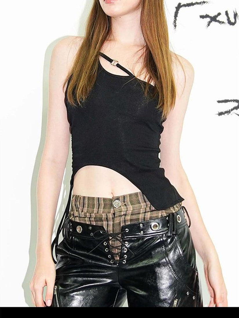 22 doodle Asymmetric Cutout One Shoulder Sexy Slim Fit Women's Cotton Camisoles