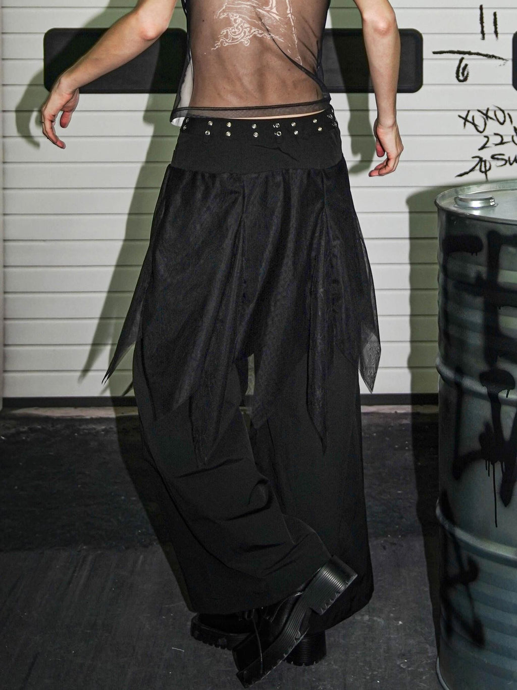 22 doodle Asymmetric Lace Spliced Low Waist Women's Polyester Wide-leg Pants