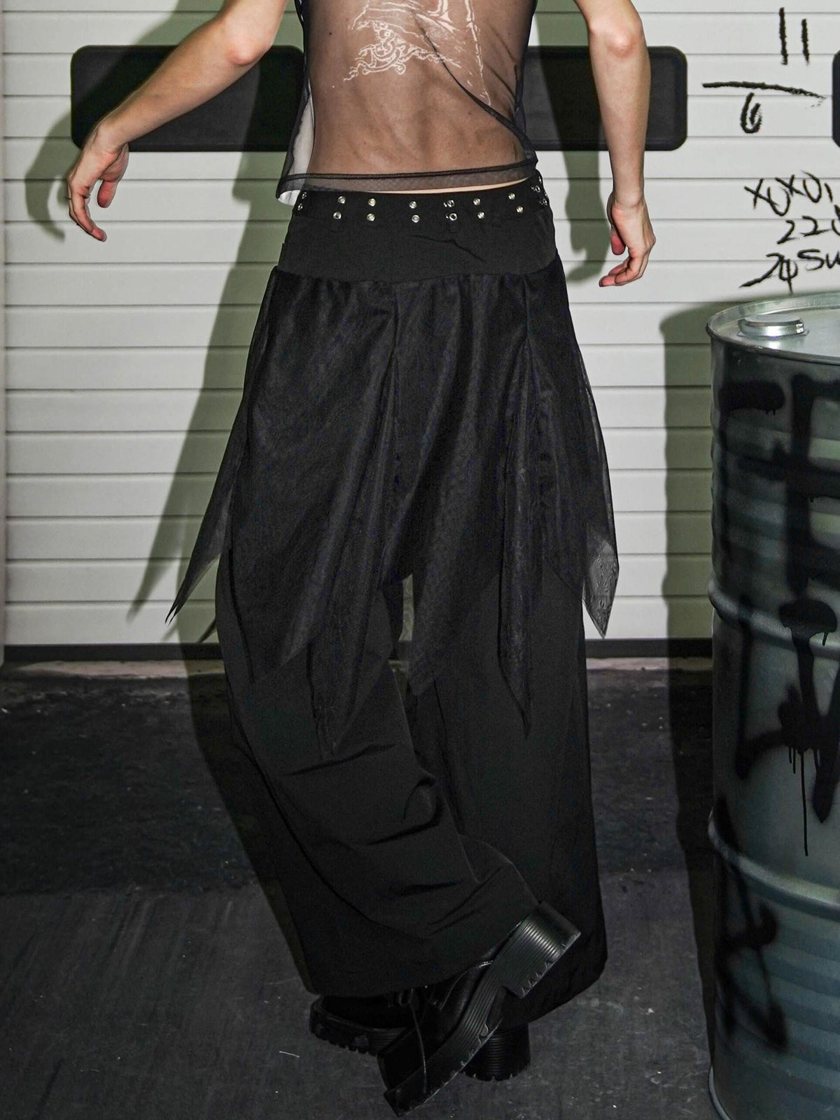 22 doodle Asymmetric Lace Spliced Low Waist Women's Polyester Wide-leg Pants