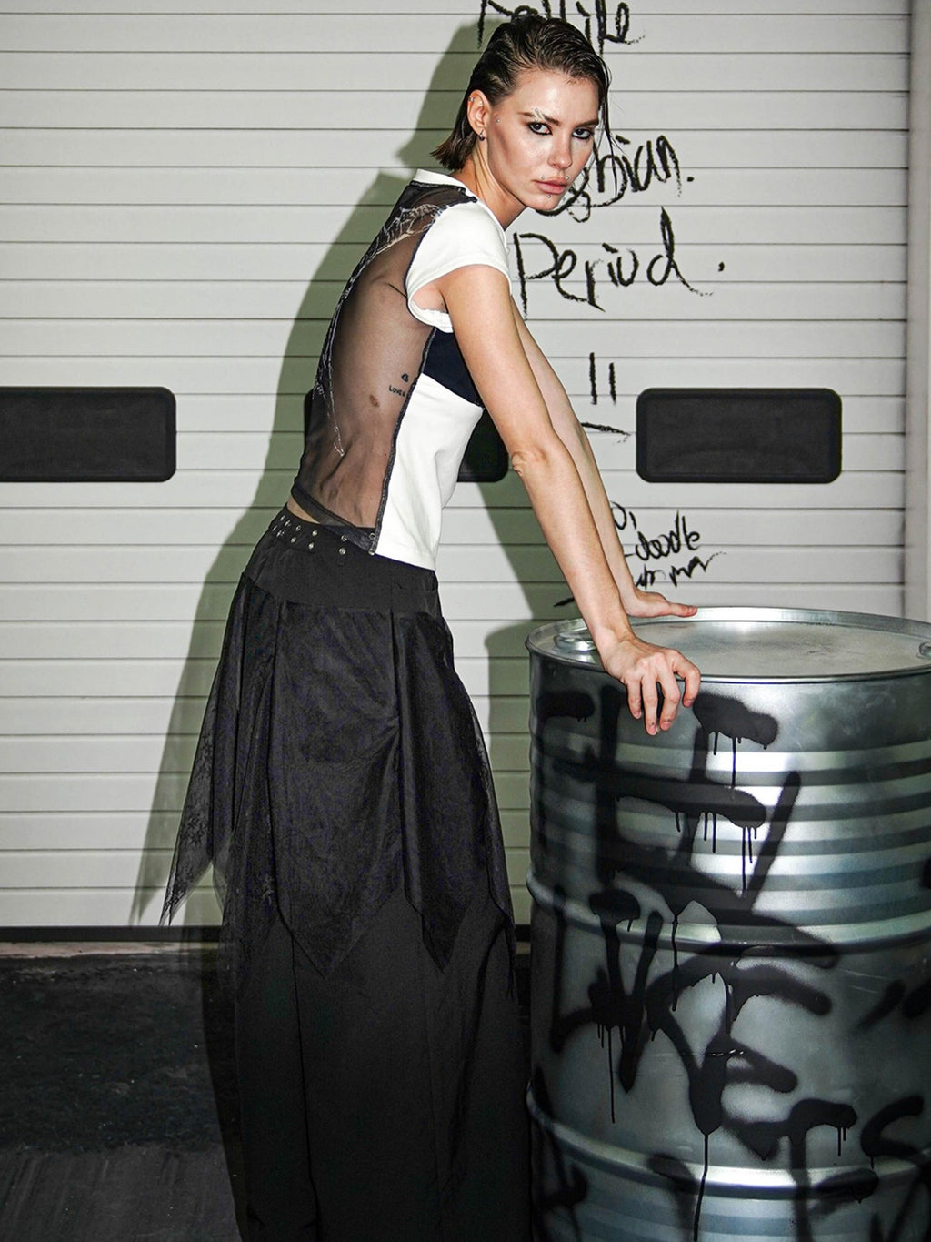 22 doodle Asymmetric Lace Spliced Low Waist Women's Polyester Wide-leg Pants