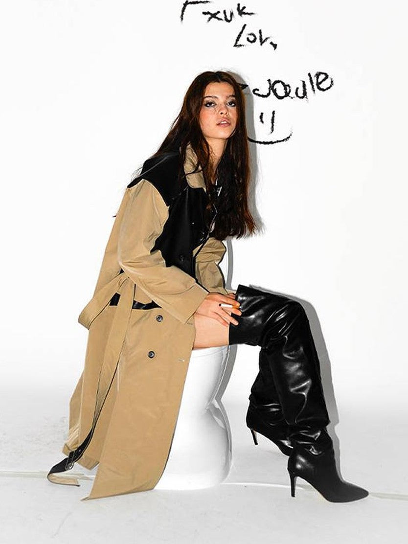 22 doodle Asymmetric Leather Panel Loose Streetwear Women's Mid Length Trench Coats