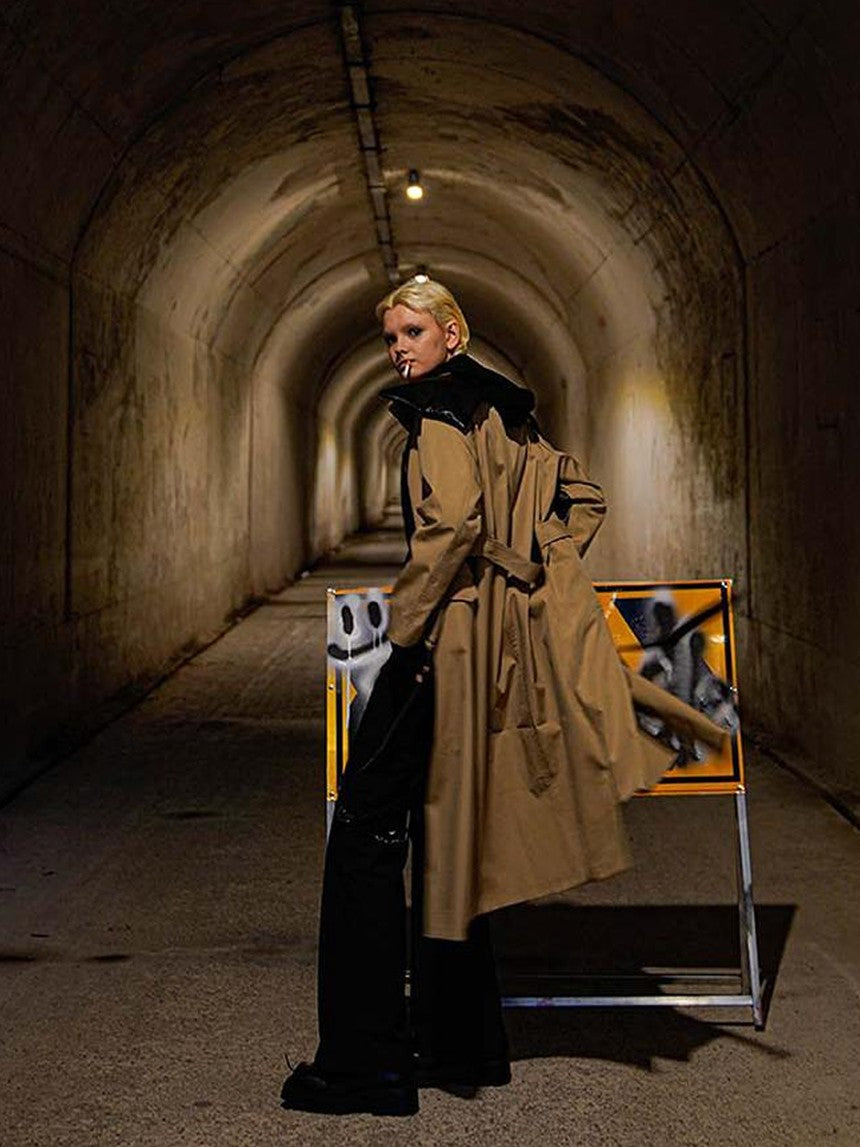 22 doodle Asymmetric Leather Panel Loose Streetwear Women's Mid Length Trench Coats