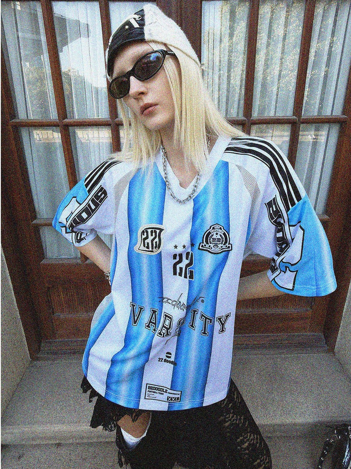 22 doodle Blue White Striped Mesh Panel Women's Polyester Oversized T-shirts