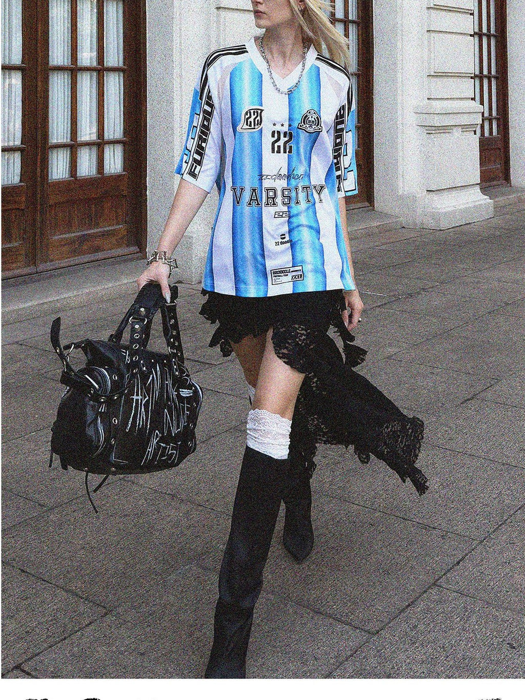 22 doodle Blue White Striped Mesh Panel Women's Polyester Oversized T-shirts