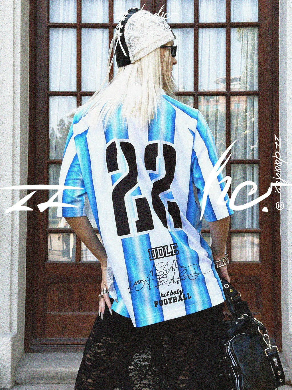 22 doodle Blue White Striped Mesh Panel Women's Polyester Oversized T-shirts