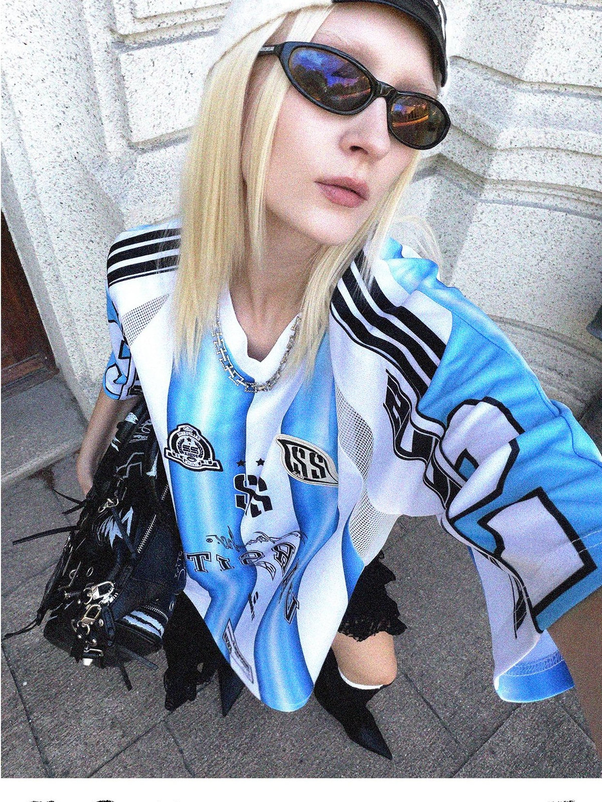 22 doodle Blue White Striped Mesh Panel Women's Polyester Oversized T-shirts