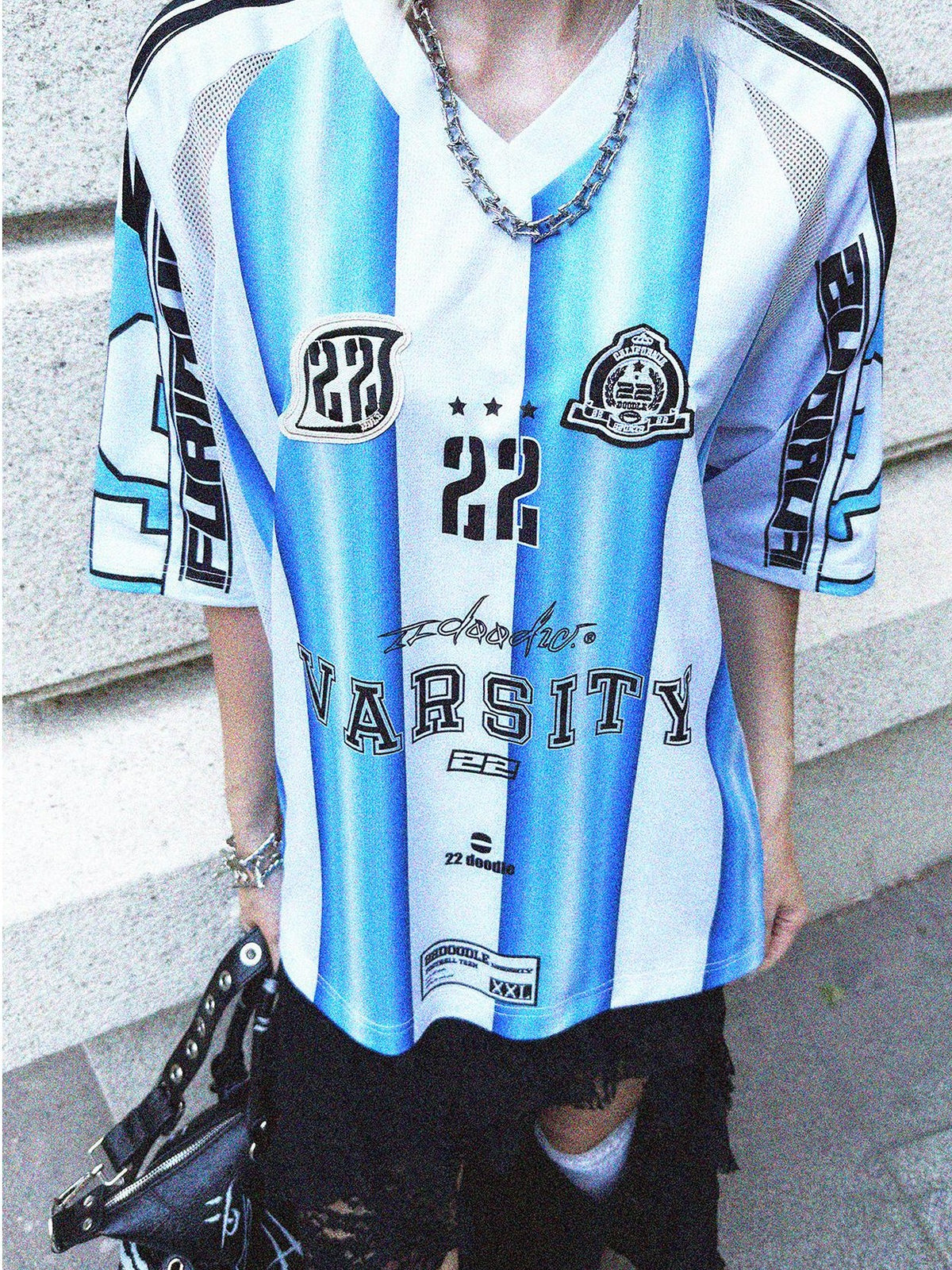 22 doodle Blue White Striped Mesh Panel Women's Polyester Oversized T-shirts