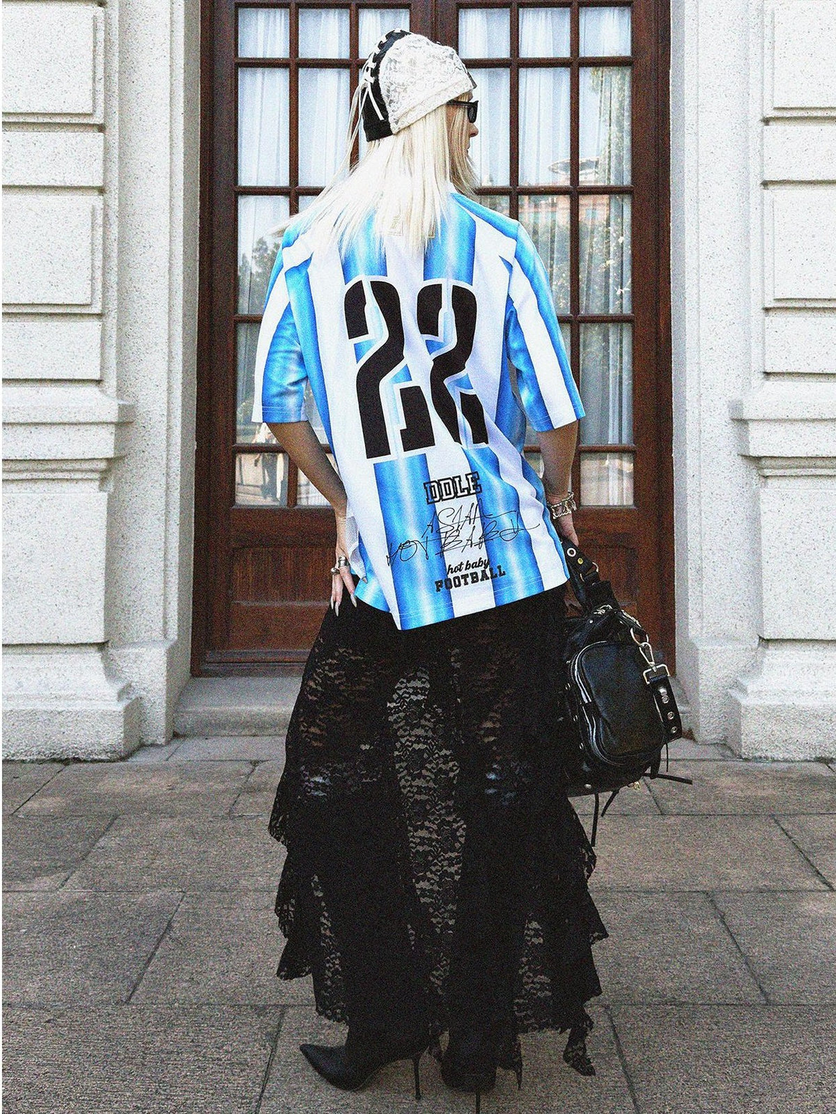 22 doodle Blue White Striped Mesh Panel Women's Polyester Oversized T-shirts