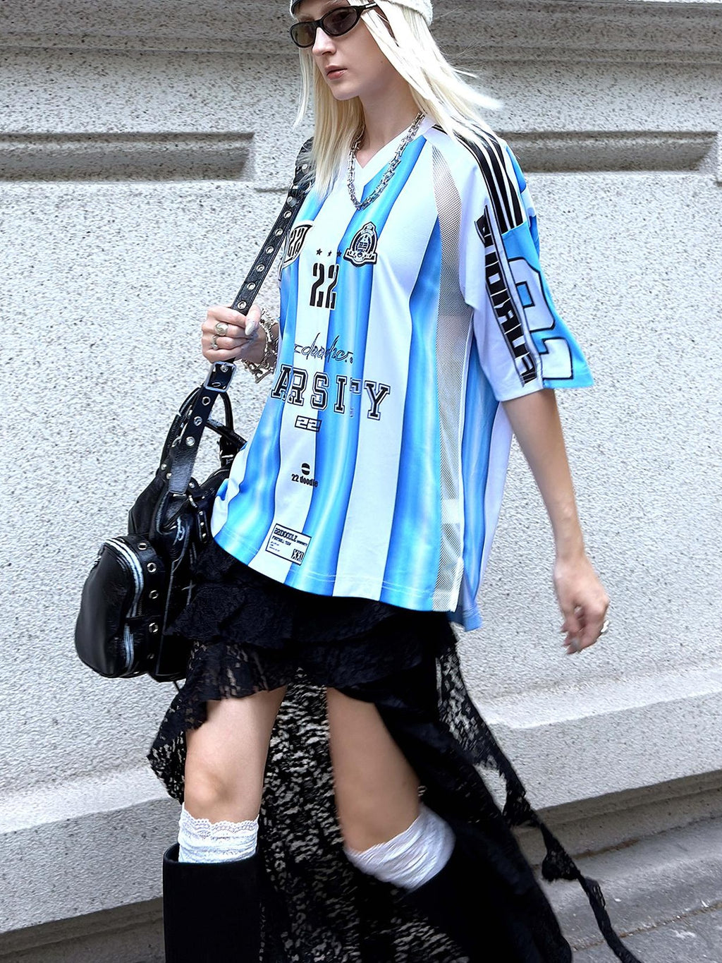 22 doodle Blue White Striped Mesh Panel Women's Polyester Oversized T-shirts