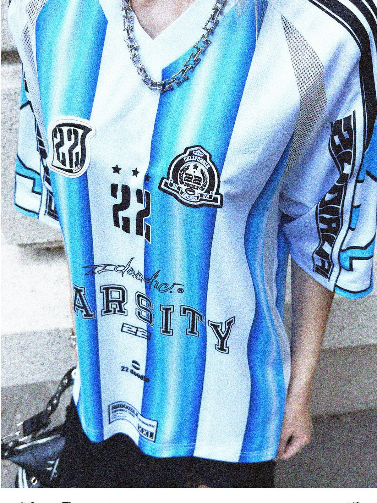 22 doodle Blue White Striped Mesh Panel Women's Polyester Oversized T-shirts