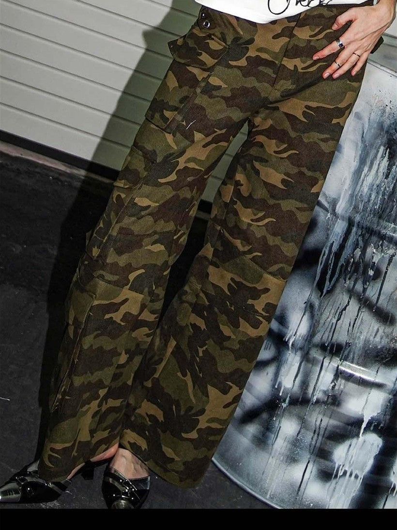 22 doodle Camouflage Washed Wide Leg Women's Cotton Cargo Pants
