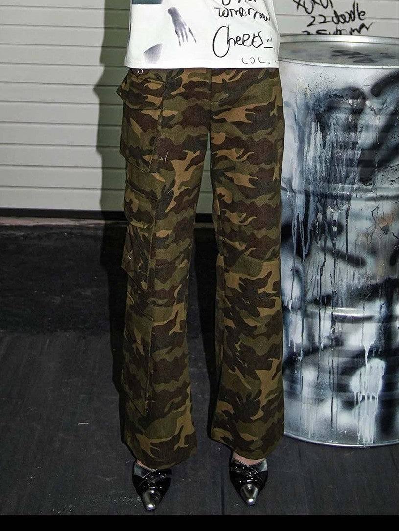 22 doodle Camouflage Washed Wide Leg Women's Cotton Cargo Pants