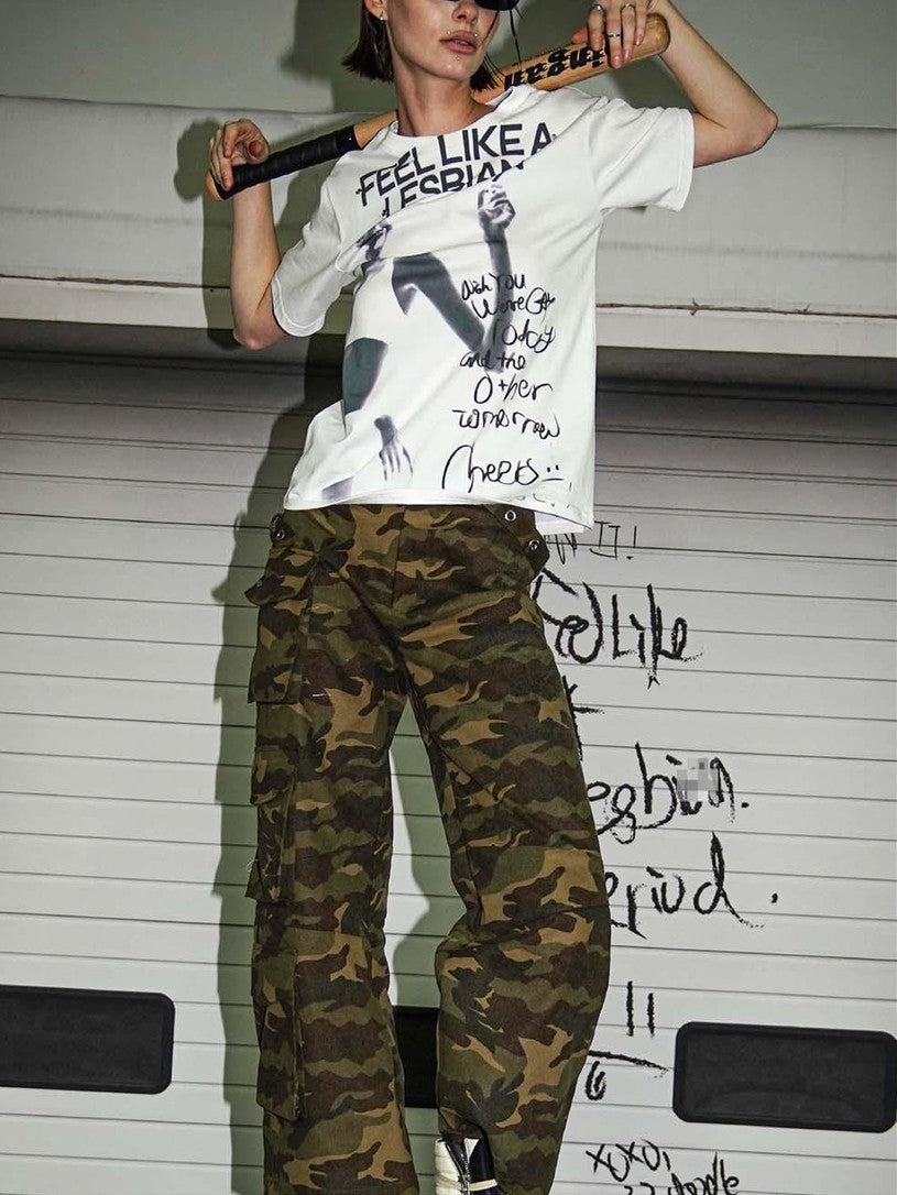 22 doodle Camouflage Washed Wide Leg Women's Cotton Cargo Pants