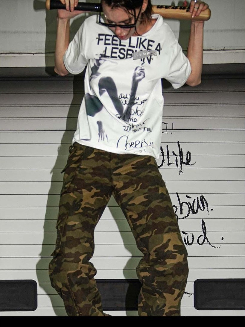 22 doodle Camouflage Washed Wide Leg Women's Cotton Cargo Pants