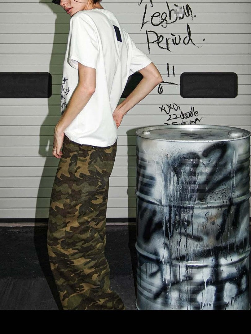 22 doodle Camouflage Washed Wide Leg Women's Cotton Cargo Pants