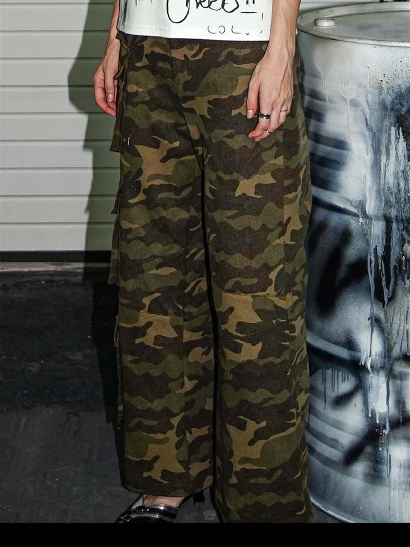 22 doodle Camouflage Washed Wide Leg Women's Cotton Cargo Pants