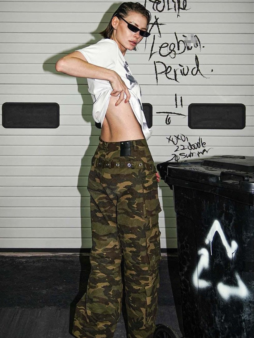 22 doodle Camouflage Washed Wide Leg Women's Cotton Cargo Pants