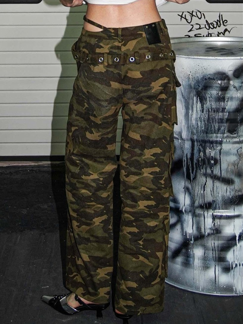 22 doodle Camouflage Washed Wide Leg Women's Cotton Cargo Pants