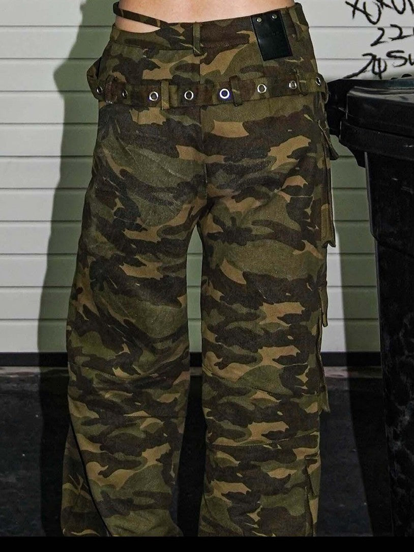22 doodle Camouflage Washed Wide Leg Women's Cotton Cargo Pants