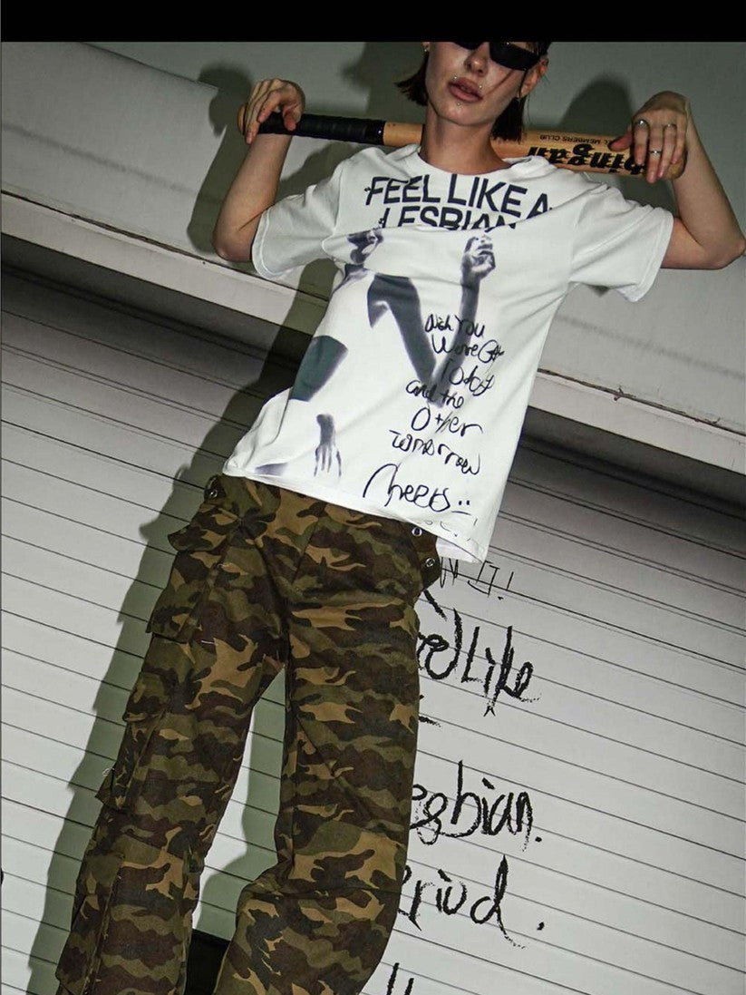22 doodle Camouflage Washed Wide Leg Women's Cotton Cargo Pants