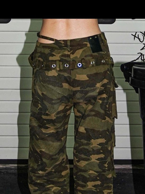 22 doodle Camouflage Washed Wide Leg Women's Cotton Cargo Pants