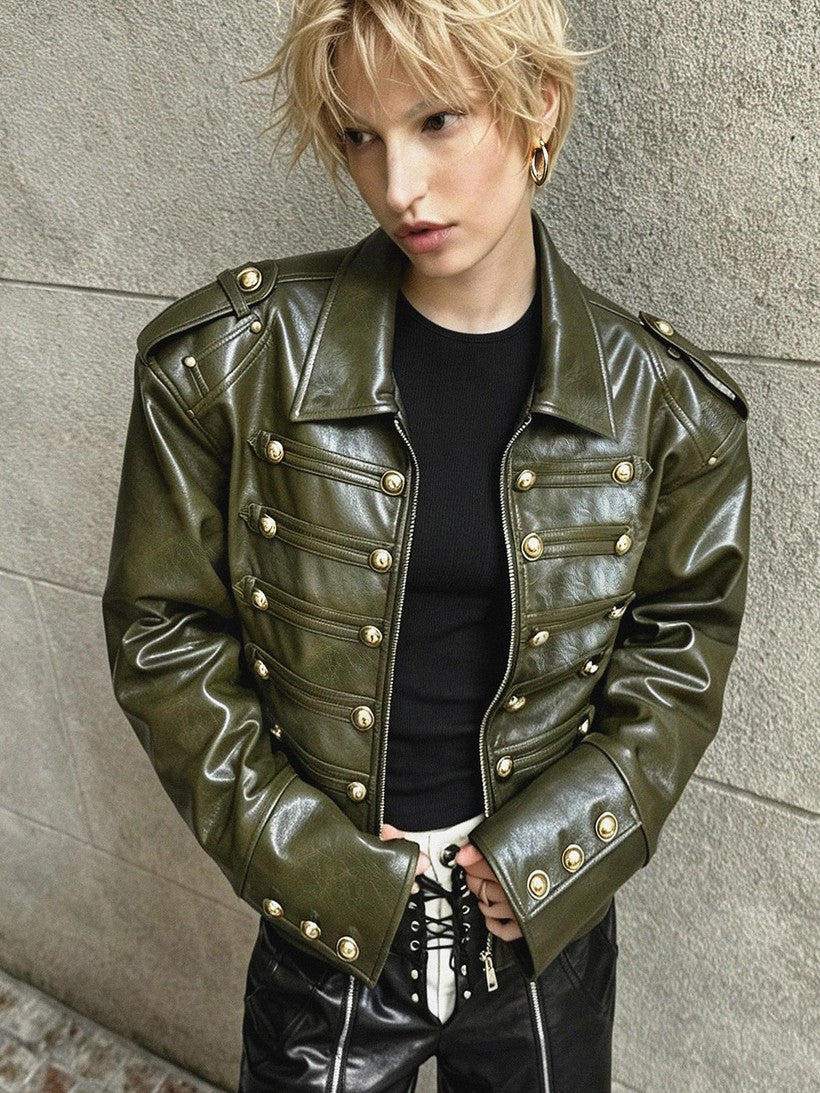 22 doodle Napoleon Frogging Waxed Faux Leather Women's Leather Jackets