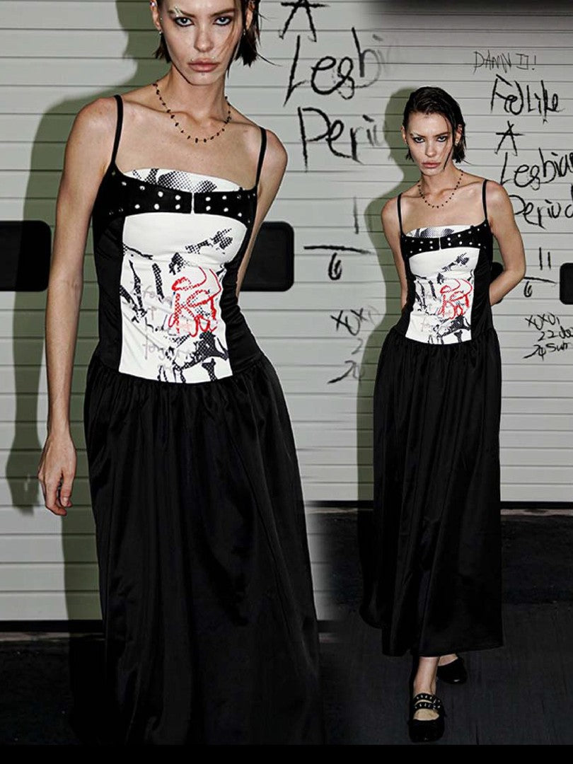22 doodle Punk Ballet Print Layered Look Women's Slip Maxi Dresses