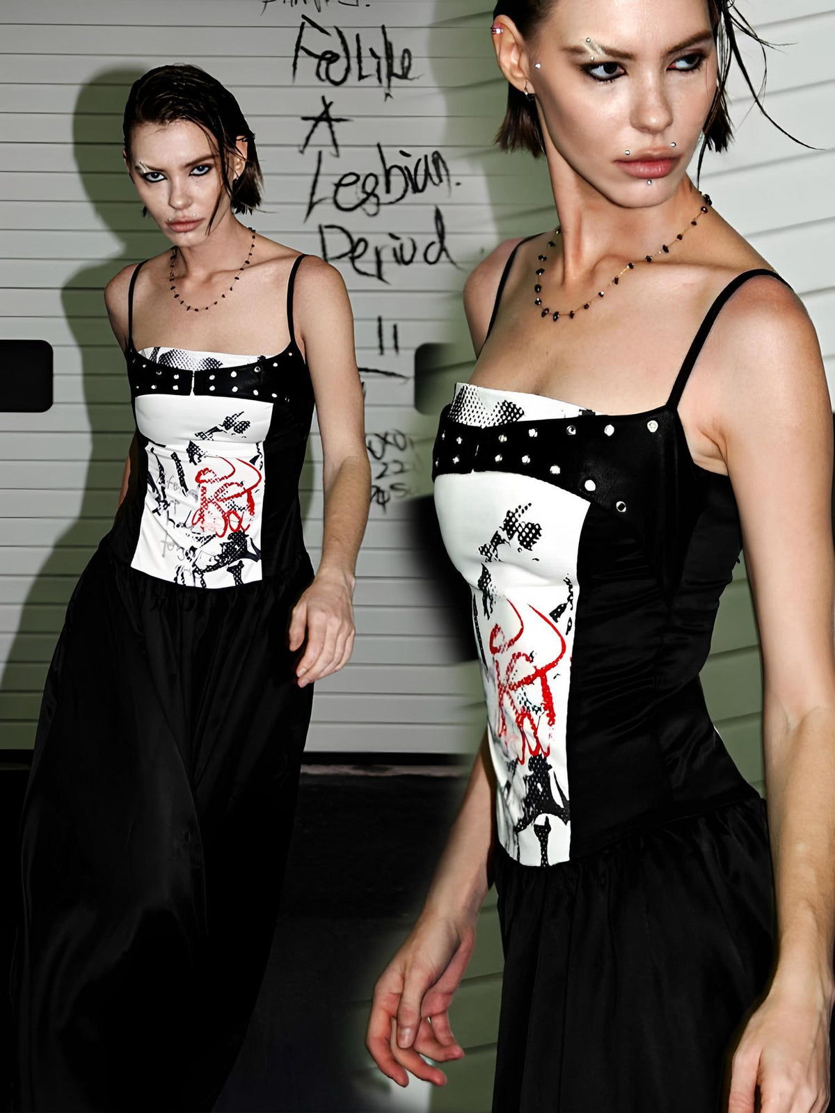 22 doodle Punk Ballet Print Layered Look Women's Slip Maxi Dresses