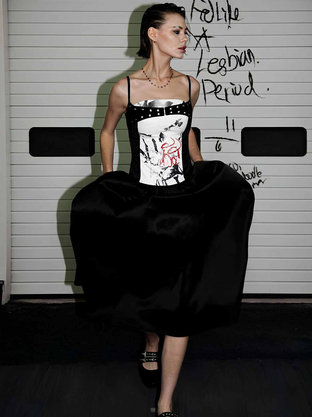 22 doodle Punk Ballet Print Layered Look Women's Slip Maxi Dresses
