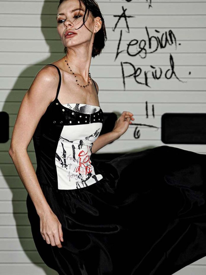 22 doodle Punk Ballet Print Layered Look Women's Slip Maxi Dresses