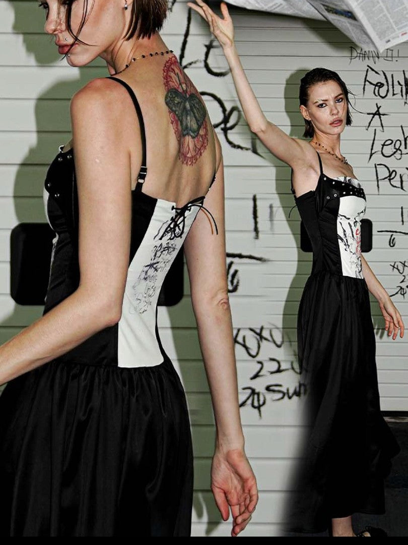 22 doodle Punk Ballet Print Layered Look Women's Slip Maxi Dresses