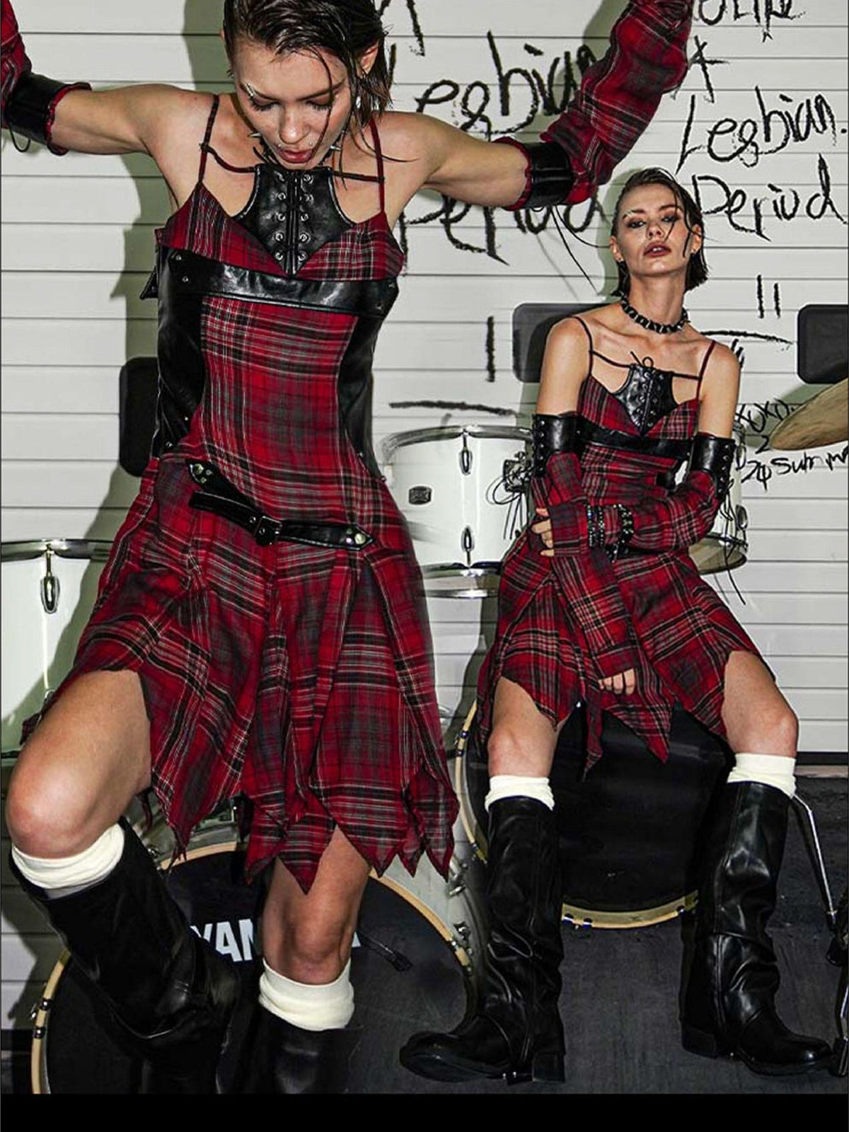 22 doodle Punk Ballet Studded Plaid Linen Patchwork High Waist Women's Slip Mini Dresses